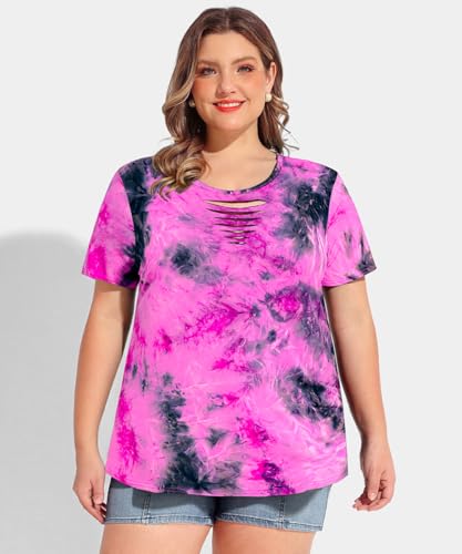 Image of CARCOS Plus Size Tops for Women Short Sleeve Shirts Basic Tee Solid Color Blouse V Neck Tunic Loose Fit Tshirts Summer XL-5XL