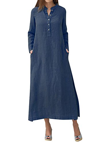 Romacci Women Casual Long Shirt Dress Button Down Long Sleeves Slit Cotton Long Maxi Dresses with Pockets Dark Blue