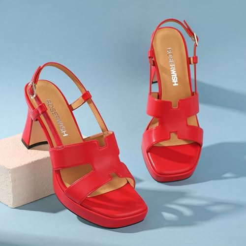 Image of ROSERWISH Womens Platform Heeled Sandals, Open Square Toe Chunky Heels, Strappy Sandals for Women, Leather Insole Dress Shoes for Prom Weeding Bride Party 3.5 inch