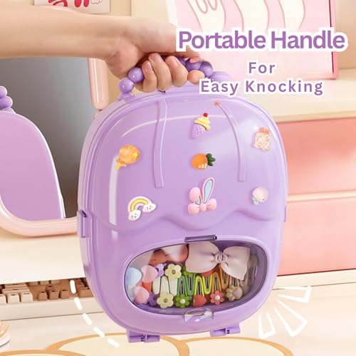Image of KiZY Girl Kid Hair Accessories Storage Box | Hair Ties-Clips, Bow-Ribbon-Headband, Jewelry Organizer | Portable Case | Available in Multiple Design-Color. (Pink+Purple)