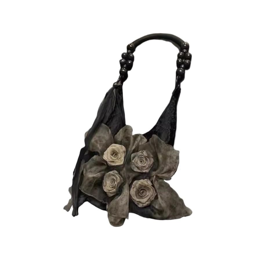 Retro Chinese Style Rose Blossom Tote Bag - Large Capacity Pleated Shoulder Handbag for Commuting(Black)