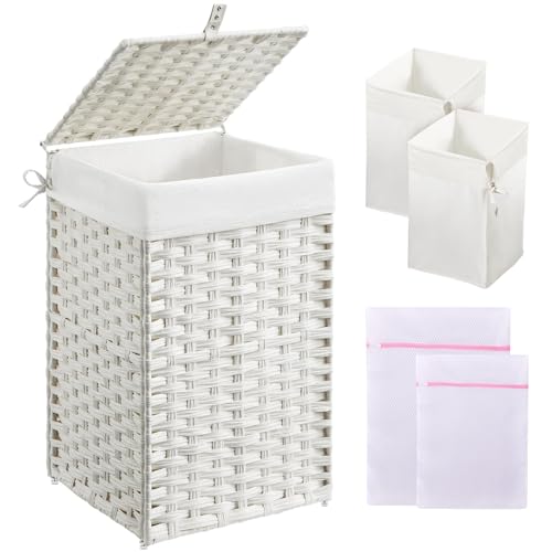 Image of Greenstell Laundry Hamper with Lid, 60L Clothes Hamper with 2 Removable Liner Bags & 2 Mesh Bags, Handwoven Synthetic Rattan Basket, Toys in Bathroom, Bedroom White