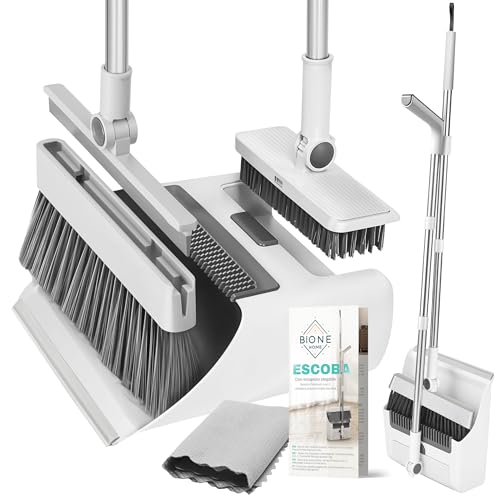 Bione Escoba y Recogedor Plegable con Palo de 126 cm - Set de Limpieza de Escoba 3 en 1 con Cepillo Barrer, Cepillo Duro, Limpiacristales Integrado, Bayeta y Recogedor Basura - Práctico y Compacto