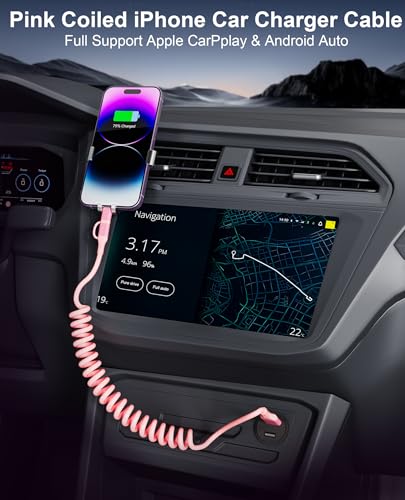 USB à la foudre et USB C Câble 2 en 1 Rose enroulée iPhone chargeur - Lumière du chargeur de voiture rose USB C Combo Cable Support Apple Carplay & Android Auto & Données, pour iPhone 16 15 14 13 12 11 Android
