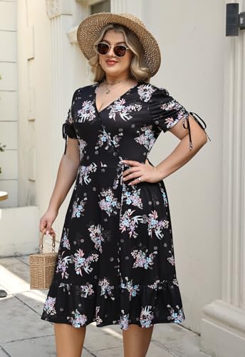 Image of Keluummi Plus Size Summer Wedding Guest Midi Dresses for Curvy Women, Floral V Neck Party Sundress