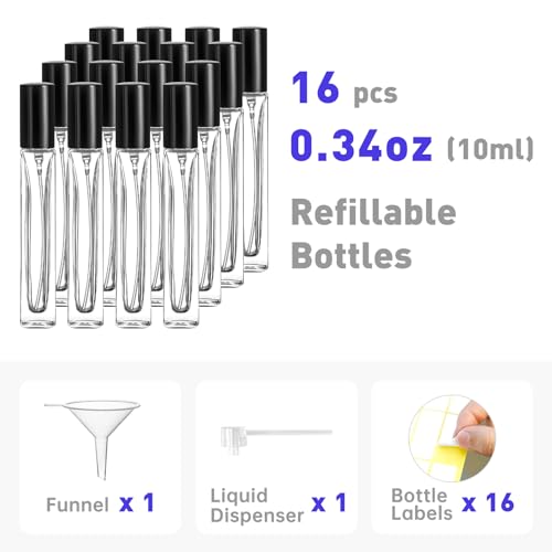 Travel Perfume Bottle Refillable, 16pcs 10ML Mini Glass Perfume Containers with Funnel and Label, Empty Portable Leak-proof Fragrance Bottles Spray Atomizer Pump Bottle Kit for Toiletries3