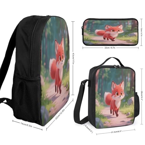 Printed Backpack With Lunch Pack Storage Box Case Little Fox 3pcs Lightweight Travel Backpack2