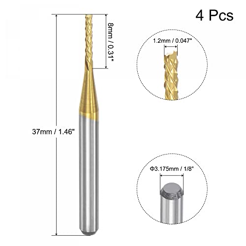 Image of uxcell End Mill CNC Router Bits, 1 /8 inch 3.175mm Shank 1.2mm x 8mm Titanium Coated Tungsten Carbide Left Hand Engraving Milling Cutter for PCB Plastic Fiber Wood 4pcs