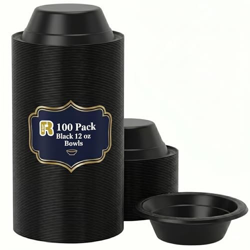 R-kay 100 Count 12 Oz Black Plastic Bowls Disposable - Microwavable Heavy Duty And Sturdy Black Disposable Bowls.