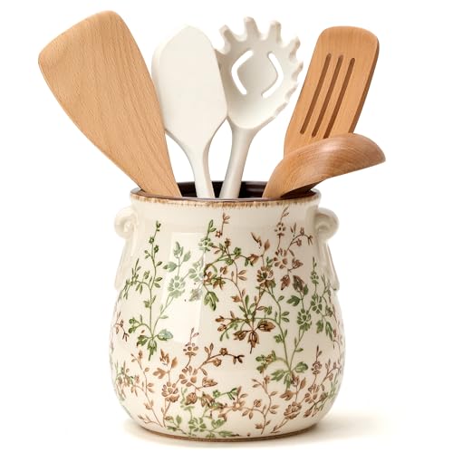 Utensil Holder for Kitchen Counter, Modern Farmhouse Rustic Cooking Utensil Holder and Crock, Exquisite Chinoiserie Floral Ceramic Utensil Organizer for Home Kitchen Decor- Green and Beige