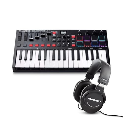 M-Audio Oxygen Pro Mini und HDH40 – 32-Tasten USB MIDI Keyboard Controller mit Beat Pads und Over-Ear Studiokopfhörer
