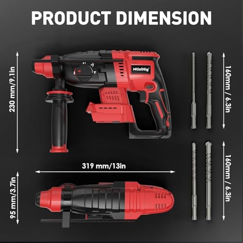 MtiolHig Cordless Rotary Hammer Drill Compatible with Milwaukee 18V Battery, Brushless SDS-Plus Hammer Drill with Safety Clutch for Concrete/Masonry, 1500 RPM, 4 Modes with 360°Auxiliary Handle thumbnail 2