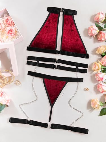 Image of Foxiny Sexy Halter Heart Ring Cutout Chain Floral Lace Sheer Garter Belt Lingerie Set 3 Piece