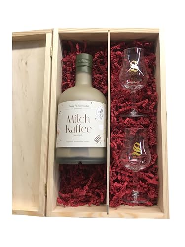 Paula Pumpernickel Milchkaffee 17% vol. 0,7 ltr. Cremelikör - Geschenkset mit 2 hochwertigen Signatory-Gläsern (2 und 4 cl Eichstrich) in edler Holzbox - Perfekt für besondere Anlässe