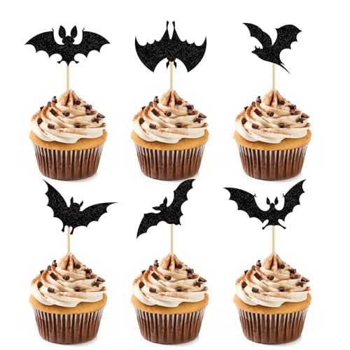 Moffris HALLOWEEN-01 24 Pcs Glitter Halloween Bat Cupcake Toppers cover