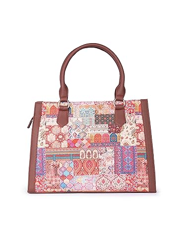 Image of ZOUK Printed Jute Handcrafted Vegan Leather Multicolor Women's Satchel Bag | Ladies Purse Handbag | Double Handle Detachable Strap