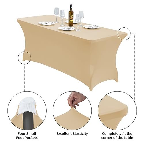 Image of CWK 6FT Stretch Spandex Table Cover for Rectangular Tables - Elastic Fitted Tablecloth for Folding Tables,Wrinkle Resistant Table Cloth for Parties, Weddings, Banquets & Events (Champagne)