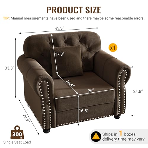 Image of KEIKI 41 inch Velvet Chesterfield Sofa with Rolled Arms & Nailhead Trim, Modern Upholstered 1-Seater Button Tufted Couch with High Resilience Cushion & 1 Pillow, Easy Assembly, for Living Room, Brown