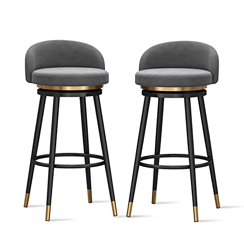Taburetes de bar modernos de terciopelo – 2 sillas giratorias de 360° con respaldo para isla de cocina, desayuno, bar y restaurante, elegante diseño tapizado en altura ajustable