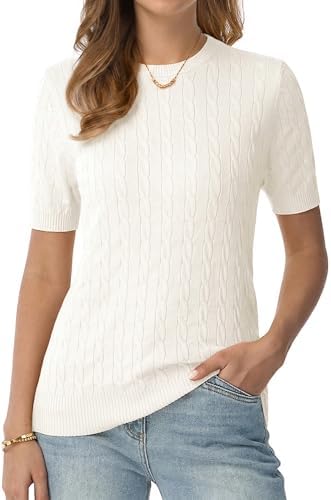 QUALFORT Women’s Short Sleeve Cable Knit Sweater Tops Crew Neck L...