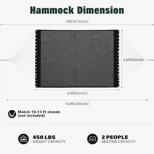 Patio Watcher 13 FT Quick Dry Olefin Hammock - Outdoor Double Hammock with Metal Curved Spreader Bars - 450 lbs Capacity - Dark Grey - Thumbnail 2