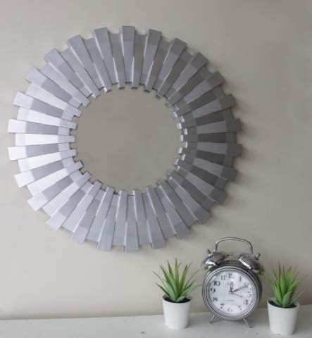 Nabatee Large Modern 50cm Round Silver Sunburst Statement Wall Mirror Decorative Wall Mounted Hanging Bathroom Bedroom Livingroom Hallway Contemporary Home Decor