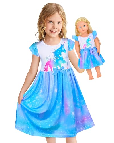 Sylfairy Doll and Girl Matching Nightgown Unicorn Outfit Princess Pajamas Night Dress for Girls and 18" Dolls Clothes Blue