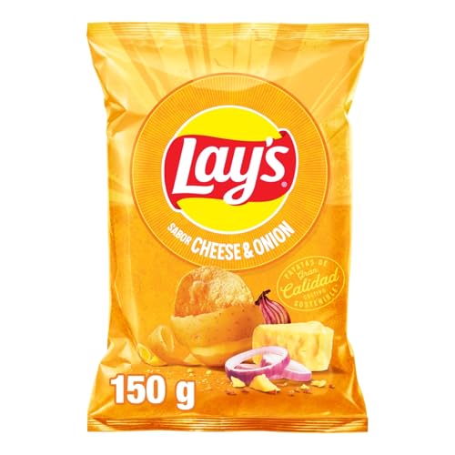 Lay's Cheese & Onion, Patatas Fritas de cultivos sostenibles con sabor a queso y cebolla, Producto de Aperitivo, bolsa individual, 150 g