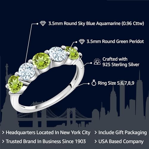 Gem Stone King 925 Sterling Silver Green Peridot and Sky Blue Aquamarine Wedding Band Ring For Women (0.96 Cttw, Round 3.5MM, Gemstone August Birthstone, Available In Size 5, 6, 7, 8, 9)2
