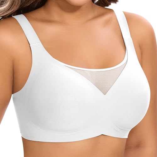 DOCUMO Seamless Bras for Women Wireless T Shirt Bra Full Coverage No Underwire V Neck Lace Lift Comfort Bralette(White,3X-Large)