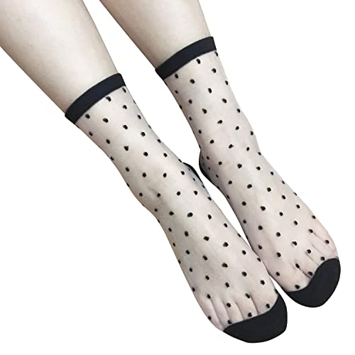 Womens Girls Sheer Socks Striped Lace Ankle Mesh Socks Novelty Cute See Through Fancy Dress Socks Ultra Thin Fishnet Polka Dot Plaid Silk Nylon Crew Socks New Year Socks Women, 5 Pack-Black White #TOP1