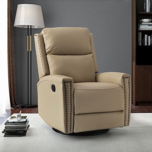 Hulala Home Genuine Leather Swivel Rocker Recliner, Manual Glider Recliner Chair With Adjustable Backrest & Footrest, Modern Home Theater Sofa Armchair For Living Room Bedroom, Beige #TOP3