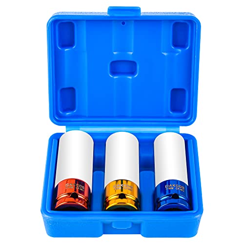 DAKCOS 3PC 1/2 Inch Drive Wheel Protector Impact Socket Thin Wall Deep Impact Socket Set with Plastic Sleeve 6 Point Cr-Mo Metric Protective Lug Nut Socket 17mm,19mm,21mm