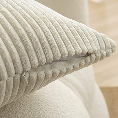 RENMEI Set of 2 Striped Corduroy Square Throw Pillow Case Soft Cushion Covers for Sofa Couch Bedroom Decorative Fluffy Pillowcases 18 x 18 Inch 45 x 45 CM Cream