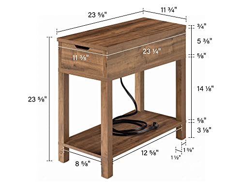 Labcosi 2-Pack Modern Farmhouse Side Table, Narrow End Table With Charging Station, Flip Top End Table With Storage Shelf, Rustic Oak Color #TOP2