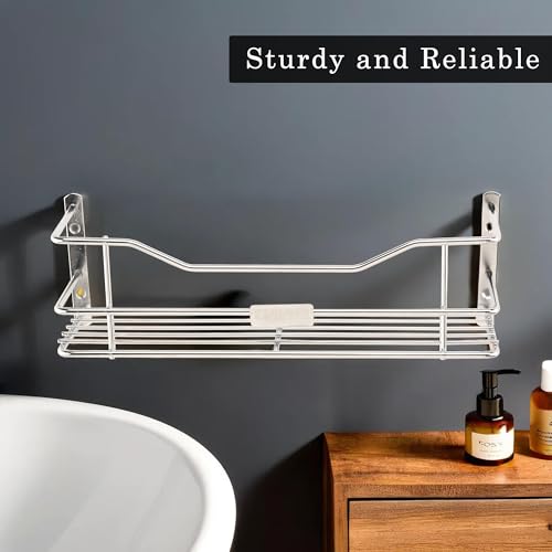 Image of Kuber Industries Pack of 3 Stainless Steel Bathroom Shelf for Wall - Washroom Organizer Shampoo Holder Stand & 12 Inch Kitchen Storage Rack - Silver