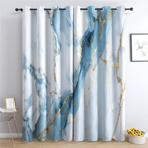 Luxfieo Marble Blackout Curtains for Living Room Bedroom - 90 Inch Drop Curtains 90x90, Blue White and Gold Modern Patterned Window Treatments, Thermal Eyelet Drapes 2 Panels Q#150 - Image 2
