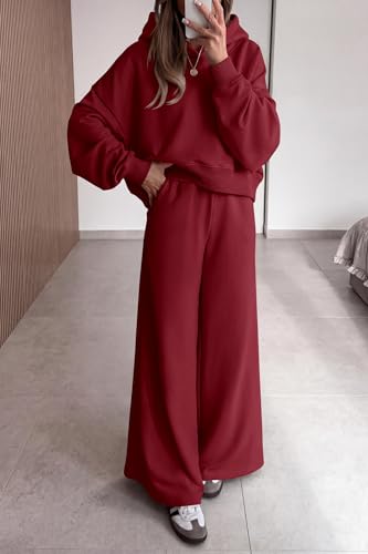 PRETTYGARDEN Women 2 Piece Lounge Sets Long Sleeve Hoodies Wide Leg Sweatpants Sweatsuits Workout Set Fall Outfits 2026(Burgundy,X-Small) — view 3