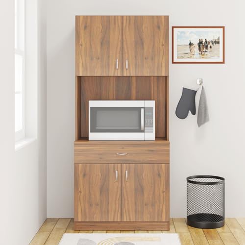 Image of VIKI Furniture | Kitchen Cabinet - Drawer with Doors & Open Shelves, Organizer for Kitchen, Bedroom, Hallway & Living Room (Brussel Walnut - 40D x 80W x 180H cm) | 1 Year Warranty