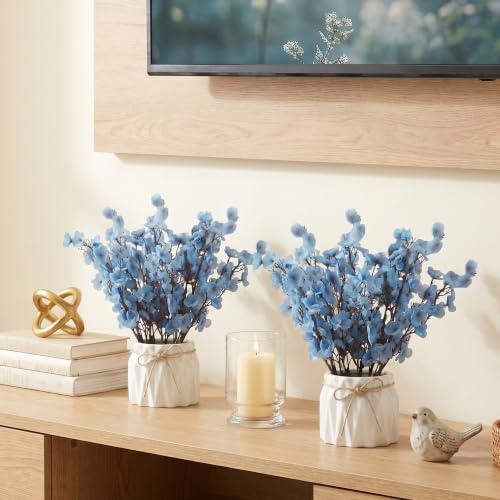 Image of Dekorly Artificial Lavender Plant in White Pot, 18cm - Realistic Faux Flower Arrangement for Home & Office Decor (Set of 1) (2, Blue Baby's Breath Flower)