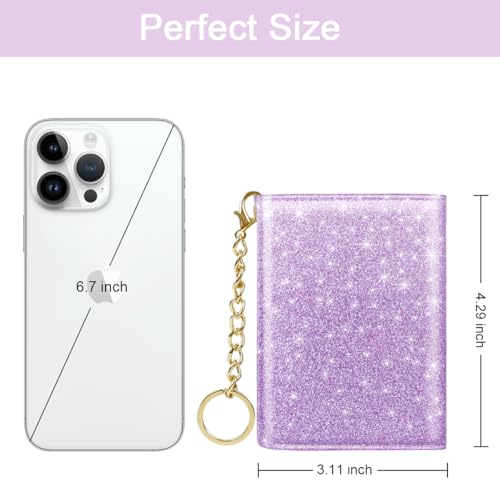 Image of Trifold Small RFID Blocking Wallet Pocket Cute Short Slim Sparkling Credit Card Holder Leather Keychain Ladies Mini Purse with ID Window, Glitter Purple