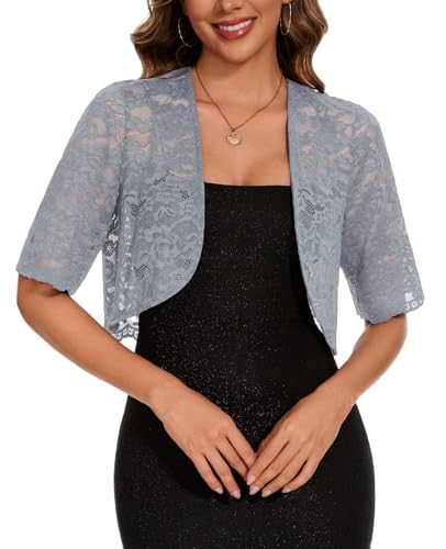 Image of MINTLIMIT Womens Floral Lace Bolero Half Sleeve Shrug Open Front Elegant Cropped Cardigan Shrugs for Evening Party Dresses