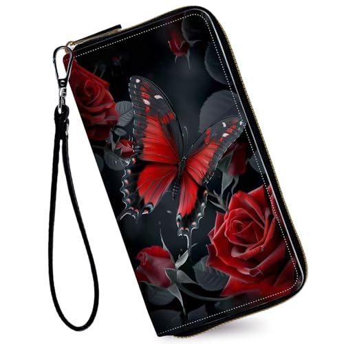 Women's Wallets,Credit Card Holder Money Leather Long Wallet with Wristlet,Large Capacity with Zip-Around Phone Purse for Women Ladies Girls,Red Butterfly Rose