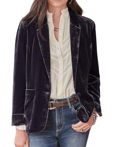 CHARTOU Casual 1 Button Velvet Jacket Women Velvet Cardigan Blazer Office Work Short Coat Suit Jacket with Pocket