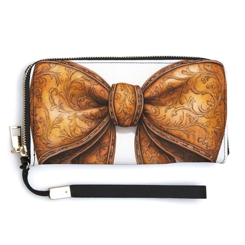 Coquette Brown Bow Western Aesthetic PU Leather Clutch Long Bifold Wallet, Coin Purse Credit Pass Case, Durable Card-Holder Money Storage for Women Men