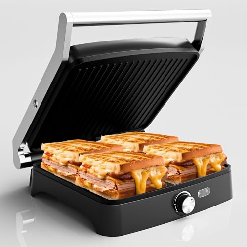 Electric Contact Grill, 1200W Indoor Panini Press Griddle, 4 Slice Large Stainless Steel Teppanyaki Grill with Nonstick Iron Plate, Opens 180 Degrees to Fit Any Type or Size of Food