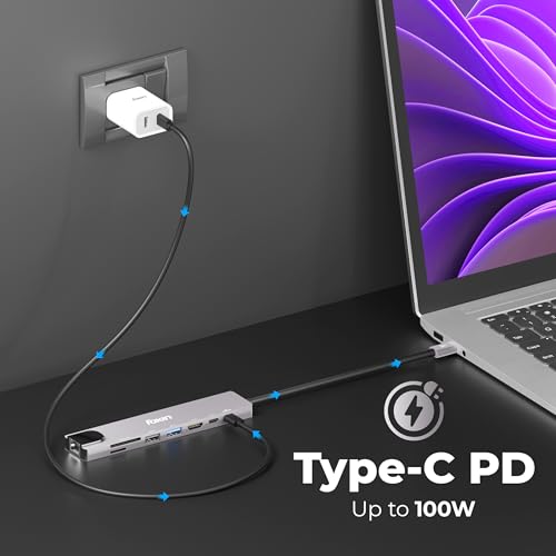 Image of Foxin 8-in-1 Type C Hub, 100W PD Charging, Aluminium Multiport Adapter, 4K HDMI, 100 Mbps RJ45 LAN Ethernet Port, USB 2.0 & 3.0, 2X Type C, TF /mSD /SD Card Reader, LED Indicator - C Hub 8