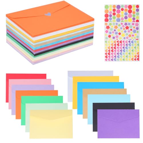 70 Stück Briefumschläge Mini Briefumschläge Bunt Kleine Umschläge Set Mini Briefumschlag 14 Farben Farbige Briefumschläge Ohne Fenster mit 3 Blatt Aufkleber für Hochzeit Geburtstag 115x82 mm