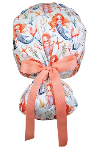 Image of Scrub Cap for Women and Men, Ponytail Scrub Caps, Working Hat, Head Cover with Ribbon Ties and Buttons, Long Hair