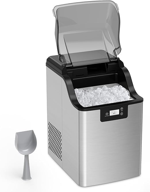 Nugget Ice Maker,Stainless Steel Countertop Ice Maker Machine, 44LBs/24H, 3Qt Water Reservoir & Self-Cleaning & Timer Function, Portable Ice Maker with Basket & for Home, Bar, RV